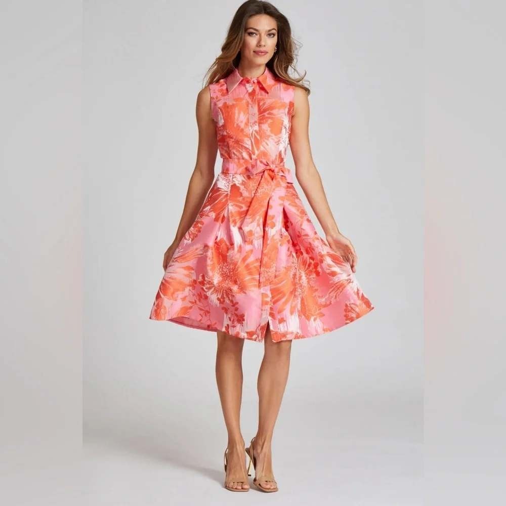 Teri Jon Rickie Freeman Orange Pink Floral Jacquard Shirt Dress Belted NWT 10
